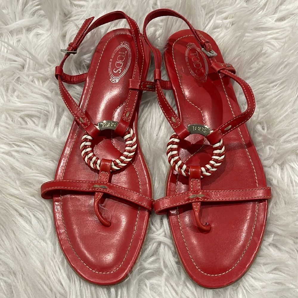 Tod’s Red Leather Sandals Sz 9 1/2